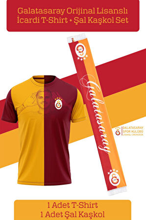 Galatasaray Orijinal Lisanslı İcardi Taraftar T-Shirt + Şal Kaşkol Set Hediyelik Ahşap Kutulu