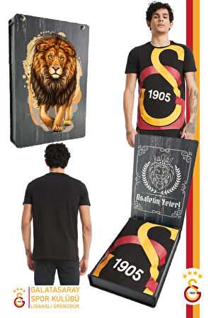 Galatasaray Orijinal Lisanslı Büyük Logolu T-Shirt Gs Aslan Baskılı Hediyelik Ahşap Kutulu