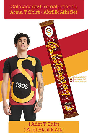 Galatasaray Orijinal Lisanslı Büyük Logolu T-Shirt + Akrilik Atkı Set Hediyelik Ahşap Kutulu