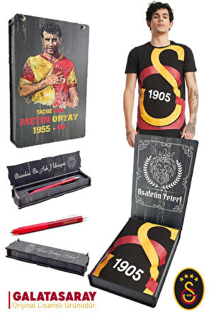 Galatasaray Orijinal Lisanslı Büyük Logolu T-Shirt + Uçlu Kalem Set Hediyelik Ahşap Kutulu