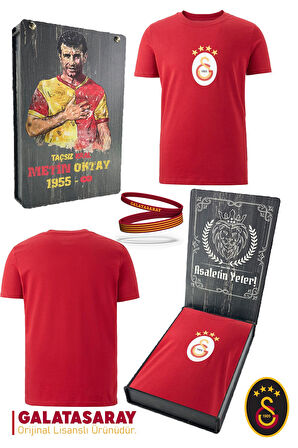 Galatasaray Orijinal Lisanslı Arma T-Shirt + Bileklik Set Hediyelik Ahşap Kutulu