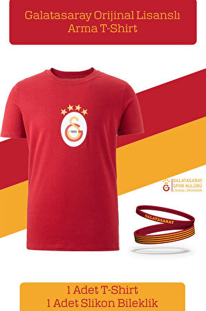 Galatasaray Orijinal Lisanslı Arma T-Shirt + Bileklik Set Hediyelik Ahşap Kutulu