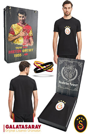 Galatasaray Orijinal Lisanslı Arma T-Shirt + Bileklik Set Hediyelik Ahşap Kutulu