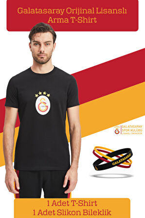 Galatasaray Orijinal Lisanslı Arma T-Shirt + Bileklik Set Hediyelik Ahşap Kutulu