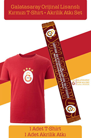 Galatasaray Orijinal Lisanslı Arma T-Shirt + Şal Kaşkol Set Hediyelik Ahşap Kutulu
