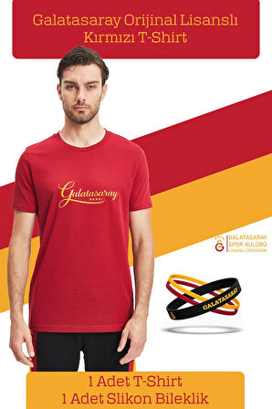 Galatasaray Orijinal Lisanslı Kırmızı Erkek T-Shirt + Bileklik Set Hediyelik Ahşap Kutulu