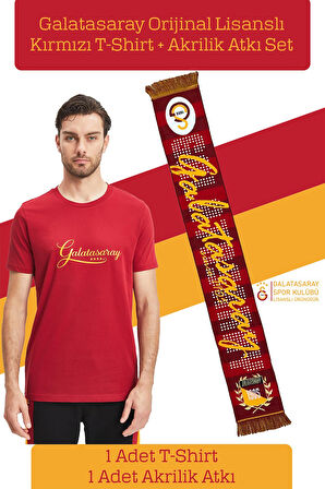 Galatasaray Orijinal Lisanslı Kırmızı Erkek T-Shirt + Şal Kaşkol Set Hediyelik Ahşap Kutulu