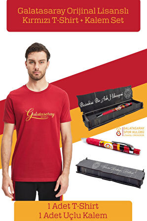 Galatasaray Orijinal Lisanslı Kırmızı Erkek T-Shirt + Uçlu Kalem Set Hediyelik Ahşap Kutulu