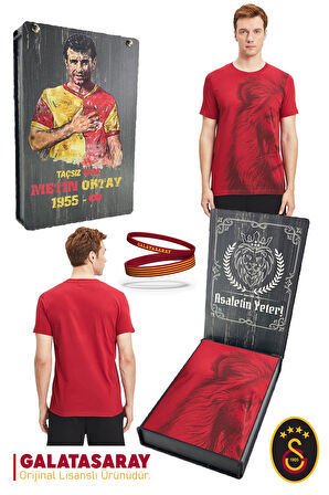 Galatasaray Orijinal Lisanslı Aslan Baskılı T-Shirt + Bileklik Set Hediyelik Ahşap Kutulu