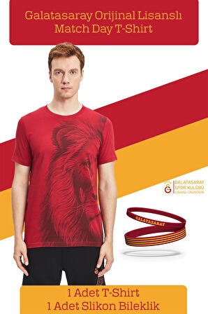 Galatasaray Orijinal Lisanslı Aslan Baskılı T-Shirt + Bileklik Set Hediyelik Ahşap Kutulu