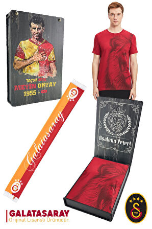 Galatasaray Orijinal Lisanslı Aslan Baskılı T-Shirt + Şal Kaşkol Set Hediyelik Ahşap Kutulu