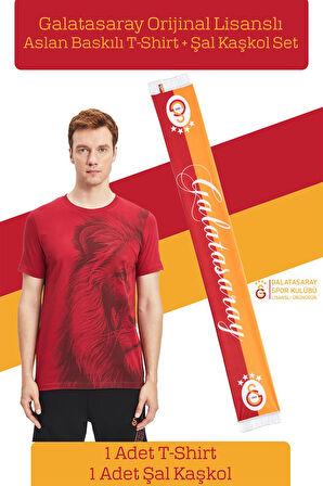 Galatasaray Orijinal Lisanslı Aslan Baskılı T-Shirt + Şal Kaşkol Set Hediyelik Ahşap Kutulu