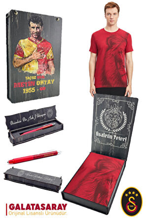 Galatasaray Orijinal Lisanslı Aslan Baskılı T-Shirt + Uçlu Kalem Set Hediyelik Ahşap Kutulu