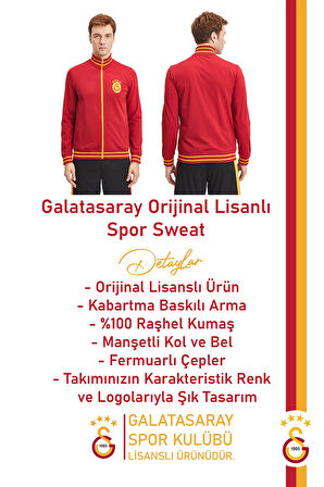 Galatasaray Orijinal Lisanslı Dik Yaka Fermuarlı Erkek Sweat Gs Aslan Baskılı Hediyelik Ahşap Kutulu