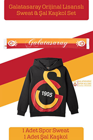 Galatasaray Orijinal Lisanslı Büyük Logo Çocuk Sweat + Şal Kaşkol Set 