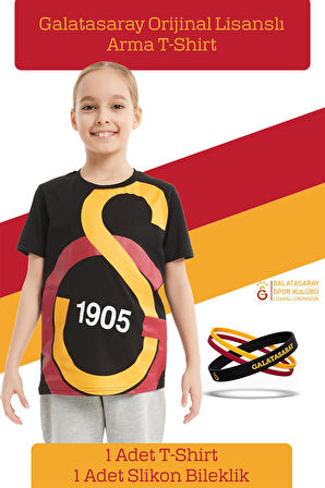 Galatasaray Orijinal Lisanslı Büyük Logo Çocuk T-shirt + Bileklik Set Hediyelik Ahşap Ku