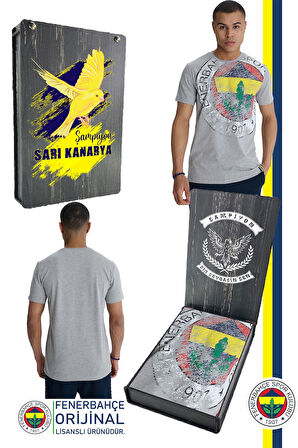 Fenerbahçe Orijinal Lisanslı 6 Renk Logo Gri Tribün T-Shirt Hediyelik Ahşap Kutulu