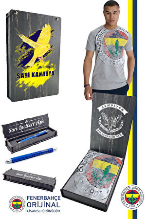 Fenerbahçe Orijinal Lisanslı 6 Renk Logo Gri Tribün T-Shirt + Kalem Set Hediyelik Ahşap  Kutulu