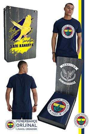 Fenerbahçe Orijinal Lisanslı Kabartma Logo Lacivert Tribün T-Shirt Hediyelik Ahşap Kutulu