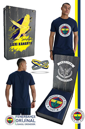 Fenerbahçe Orijinal Lisanslı Kabartma Logo Lacivert Tribün T-Shirt + Bileklik Set Hediyelik Kutulu