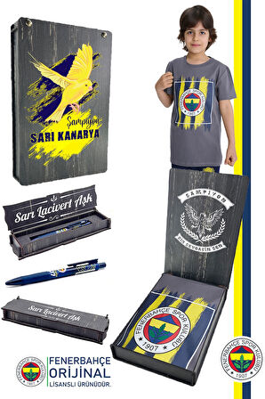Fenerbahçe Orijinal Renkli Logo Sıfır Yaka Çocuk T-Shirt Uçlu Kalem Hediyelik Set Ahşap Kutulu