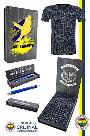 Fenerbahçe Orijinal Lisanslı Palamut LogoTribün T-Shirt + Kalem Set Hediyelik Ahşap Kutulu