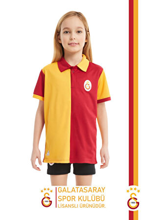 Galatasaray Orijinal Lisanslı Polo Yaka Çocuk T-Shirt + Bileklik + Atkı Set Hediyelik Ahşap Kutulu