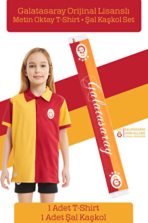 Galatasaray Orijinal Lisanslı Match Day Polo Çocuk T-shirt + Şal Kaşkol Set Hediyelik Ahşap Kutulu