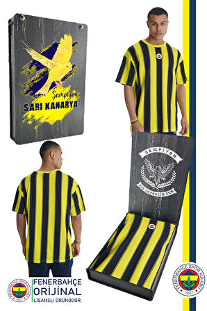 Fenerbahçe Orijinal Lisanslı Sarı Lacivert Çubuklu Erkek T-Shirt Hediyelik Ahşap Kutulu