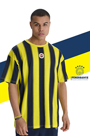 Fenerbahçe Orijinal Lisanslı Sarı Lacivert Çubuklu Erkek T-Shirt+Bileklik Set Hediyelik Ahşap Kutulu