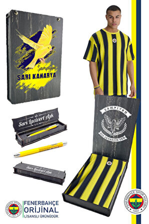 Fenerbahçe Orijinal Lisanslı Sarı Lacivert Çubuklu Erkek T-Shirt + Kalem Set Hediyelik Ahşap Kutulu