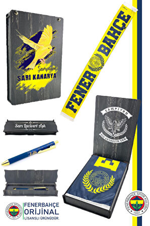Fenerbahçe Orijinal Lisanslı Established 1907 Fenerbahçe Şal Atkı ve Hybrt Tükenmez Ahşap Kutulu