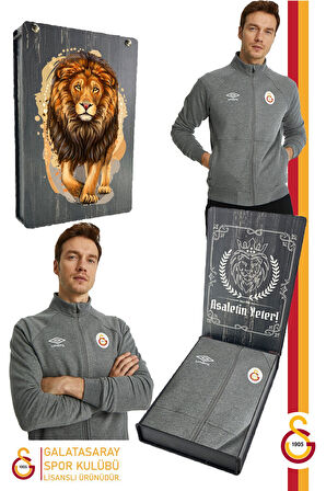Galatasaray Orijinal Lisanslı Dik Yaka Fermuarlı Gri Sweat Gs Aslan Baskılı Hediyelik Ahşap Kutulu