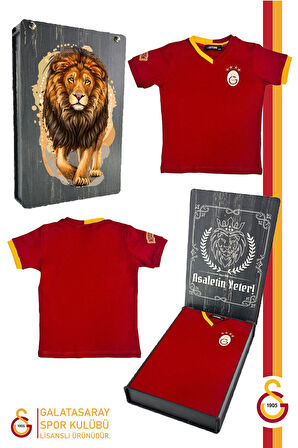 Galatasaray Orijinal Lisanslı Kırmızı Basic Çocuk T-shirt Gs Aslan Baskılı Hediyelik Ahşap Kutulu