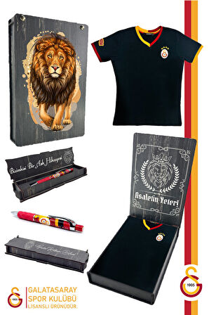 Galatasaray Orijinal Lisanslı Siyah Basic Çocuk T-shirt + Uçlu Kalem Set Hediyelik Ahşap Kutulu