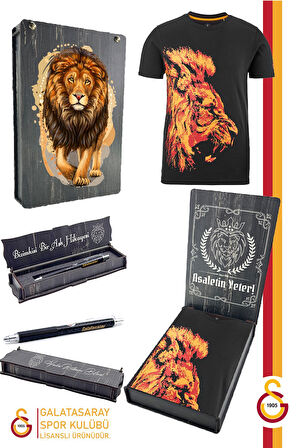 Galatasaray Orijinal Lisanslı Aslan Baskılı T-Shirt + Uçlu Kalem Set Hediyelik Ahşap Kutulu