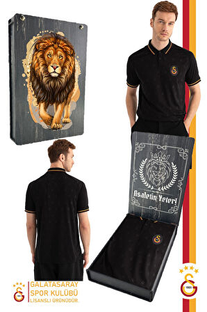 Galatasaray Orijinal Lisanslı Match Day Polo Yaka Siyah T-Shirt Gs Aslan Baskılı Hediyelik Kutulu