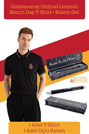 Galatasaray Orijinal Lisanslı Match Day Siyah T-Shirt + Uçlu Kalem Set Hediyelik Ahşap Kutulu