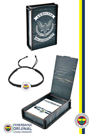 FB BLK 016 Fenerbahçe Orijinal Lisanslı Fb Logo Makrome Siyah Bileklik Hediyelik Ahşap Kutulu