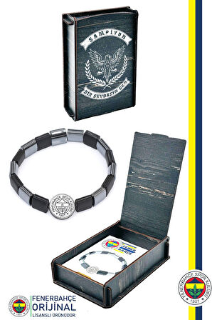FB BLK 021 Fenerbahçe Orijinal Lisanslı Fb Logo Mat Onix Doğaltaş Bileklik Hediyelik Ahşap Kutulu