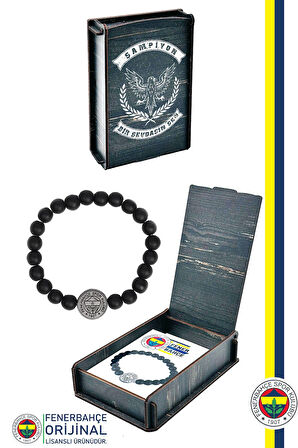 Fenerbahçe Orijinal Lisanslı FB Logo Mat Onix Doğaltaş Bileklik Hediyelik Ahşap Kutulu