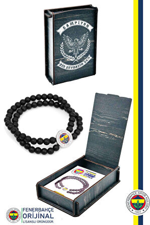 FB BLK 023 Fenerbahçe Orijinal Lisanslı Fb Logo Çiftli Mat Onix Doğaltaş Bileklik Hediyelik Ahşap Ku
