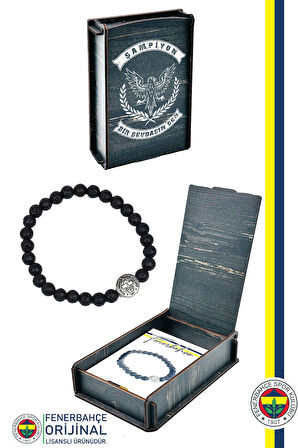 FB BLK 024 Fenerbahçe Orijinal Lisanslı Fb Logo Lav Taşı Doğaltaş Bileklik Hediyelik Ahşap Kutulu