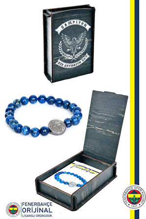 Fenerbahçe Orijinal Lisanslı Fb Lapis (8mm) Doğaltaş Bileklik Hediyelik Ahşap Kutulu
