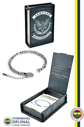 Fenerbahçe Orijinal Lisanslı FB Çelik Kalın Bileklik Hediyelik Ahşap Kutulu