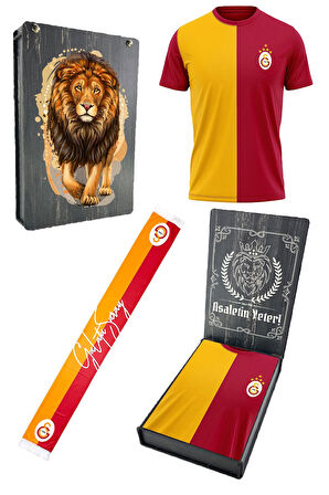 Galatasaray Orijinal Lisanslı 5 Yıldızlı Sarı Kırmızı Erkek T-Shirt + Şal Kaşkol Set Hed