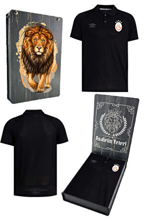 Galatasaray Orijinal Lisanslı 5 Yıldızlı Polo Yaka Siyah T-Shirt Gs Hediyelik Ahşap Kutu