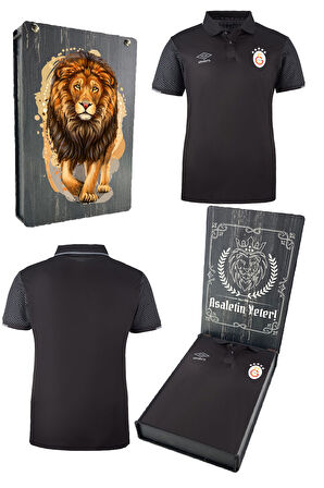 Galatasaray Orijinal Lisanslı 5 Yıldızlı Polo Yaka Siyah T-Shirt Gs Hediyelik Ahşap Kutu