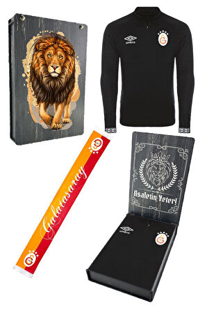 Galatasaray Orijinal Lisanslı Yarım Fermuar 5 Yıldızlı Siyah Sweat + Şal Kaşkol Set Hediy