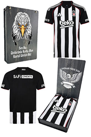 Beşiktaş Orijinal 25/26 Siyah Beyaz Çubuklu Forma Bjk Kartal Baskılı Hediyelik Ahşap Kut